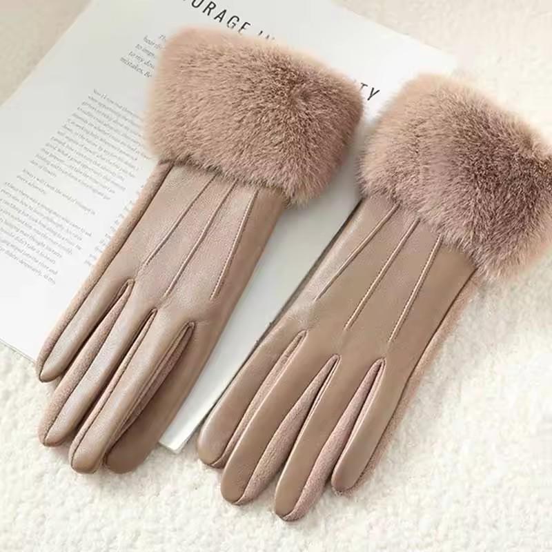 

New Leather Fashionable Soft Gloves for Women Artificial Fur Cuffs Winter Warm Touch Screen Gloves Elegant Waterproof Gloves хакі