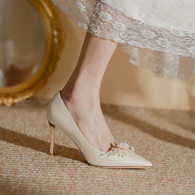 Satijnen hoge hakken bruid tenen mode bruidsmeisje veelzijdig Frans bruiloft stiletto schoenen niet moe hoofd strass steentjes enkele schoenen vrouwen