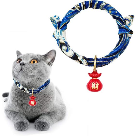 Cat Collar with Bell, 1 Pack Blue Japanese Style Waves Print Pet Collar Adjustable Cat Collar with Fortune Bell for Small Cats Puppy Pets, M