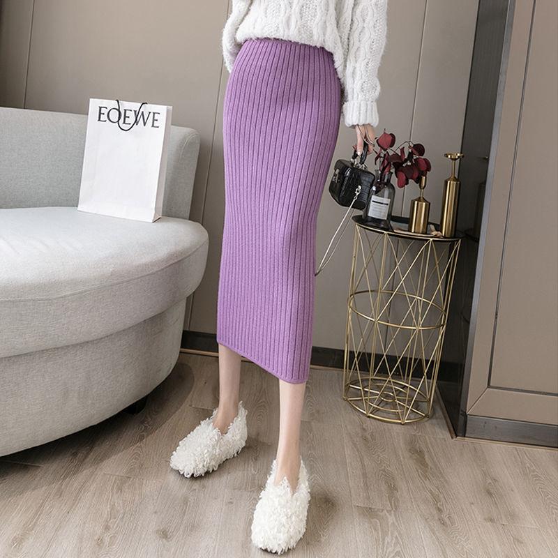 Thickened Knitted Half Skirt with Female Rear Fork Pit Clause Hip Wrapping High Waist Straight Tube Purple Knitted Skirt