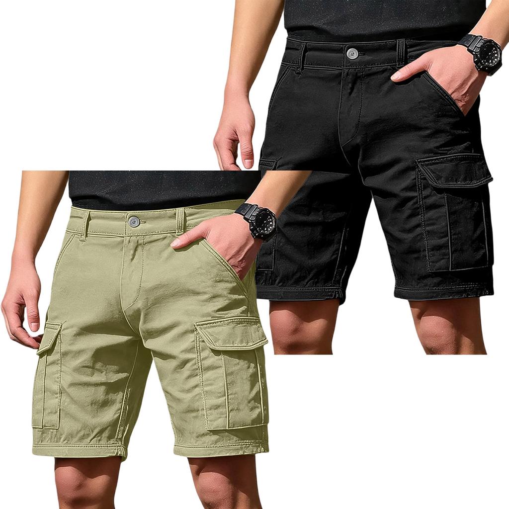 Men's Cargo Shorts 6 Pocket Elastic Waist Button Closure 2 Pack Casual Work Shorts