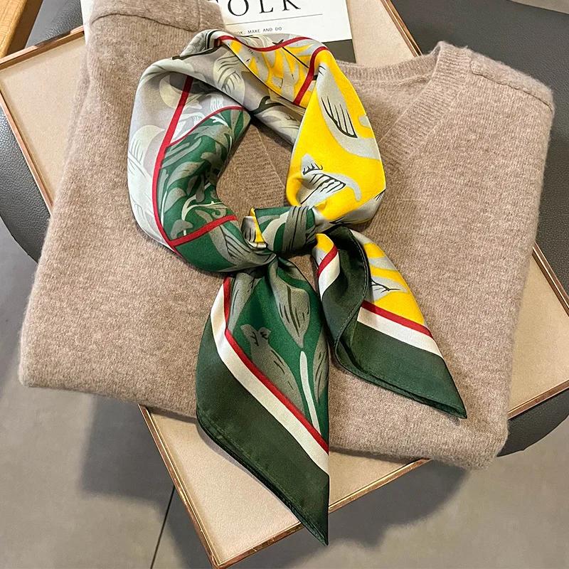 New Floral Print Shawl Design Silk Square Scarf Women Female Wrap Headkerchief Hijab Beach Stoles Hair Band Echarpe Bandana 2023