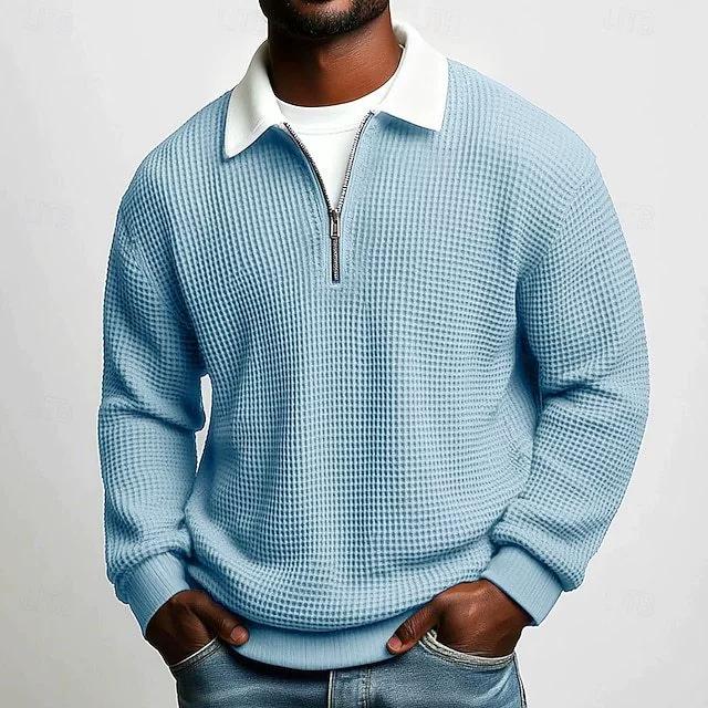 

Men s Large Waffle Long-Sleeved Zipper Shirt Solid-Color Casual Sports Lapel Fashion for Spring Autumn XXXL світло-синій колір