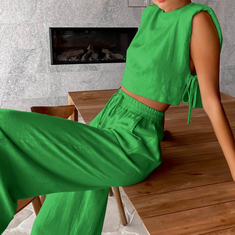 Fashion Cotton Linen Suit Women's Summer Shoulder Pads Sleeveless Top Trousers Two-piece Set