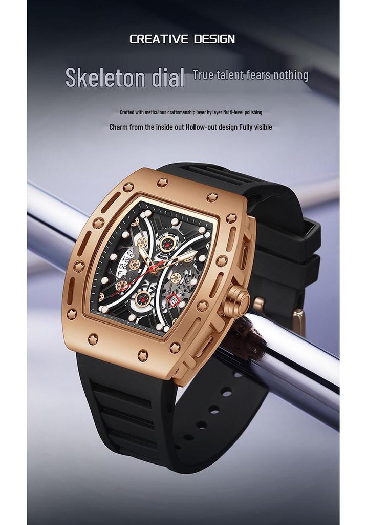 Oufannishi Men's Sport Quartz Barrel-Shaped Skeleton Calendar Watch