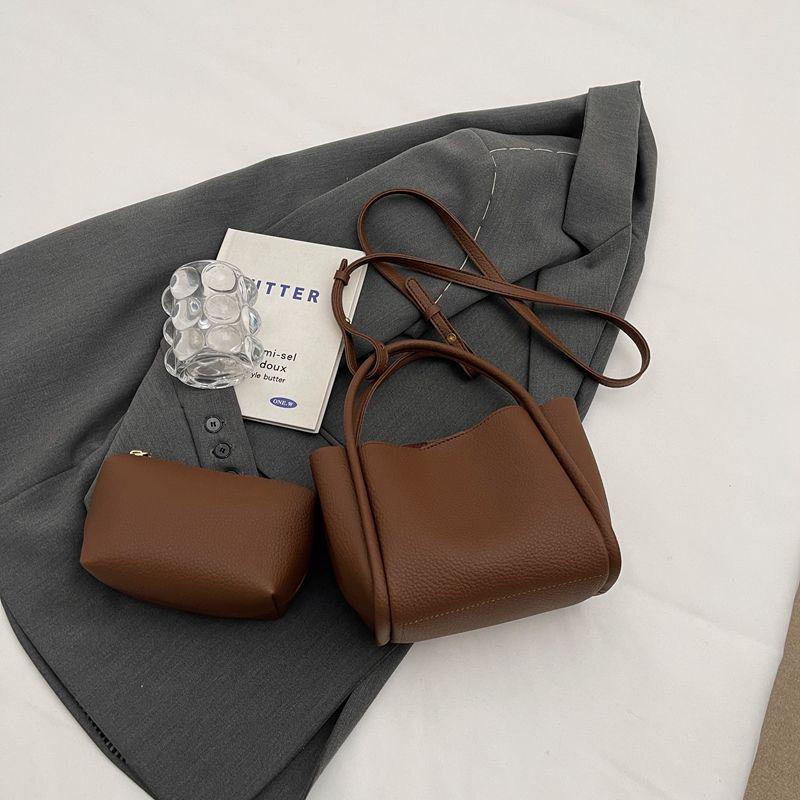 High-End Korean Style Women's Solid Color Basket Bucket Crossbody Handbag - 2025 