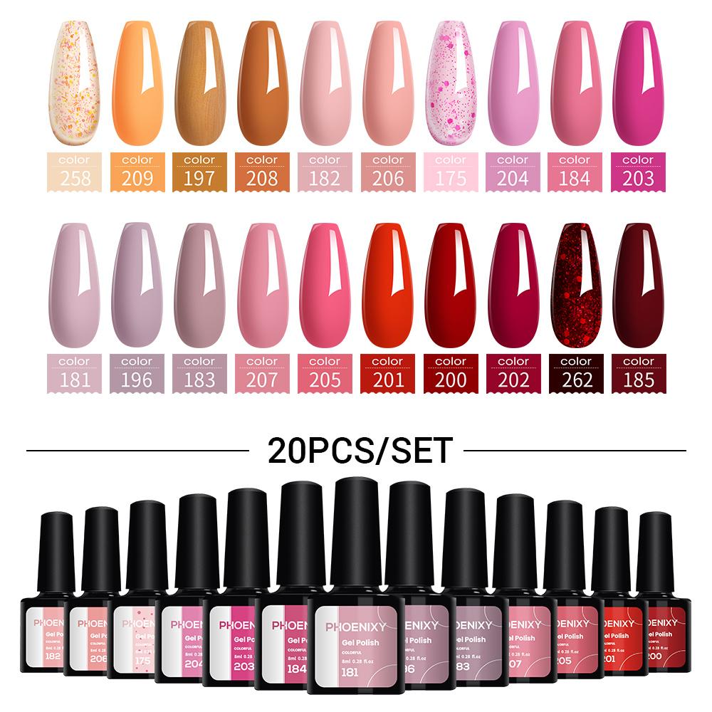 PHOENIXY Set de 20 de lacuri de unghii cu gel pentru unghii Soak Off Gel UV UV LED Lac de unghii pentru manichiura Set cadou pentru femei