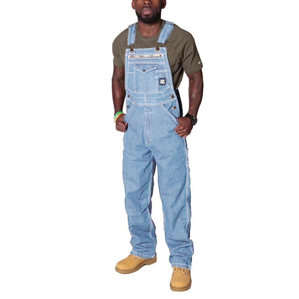 Pánské vintage retro džínové dlouhé kombinézy s dlouhým rukávem, ležérní špagetové popruhy, rovné, s podvazkovým kalhotami, letní pytlovité volné kombinézy