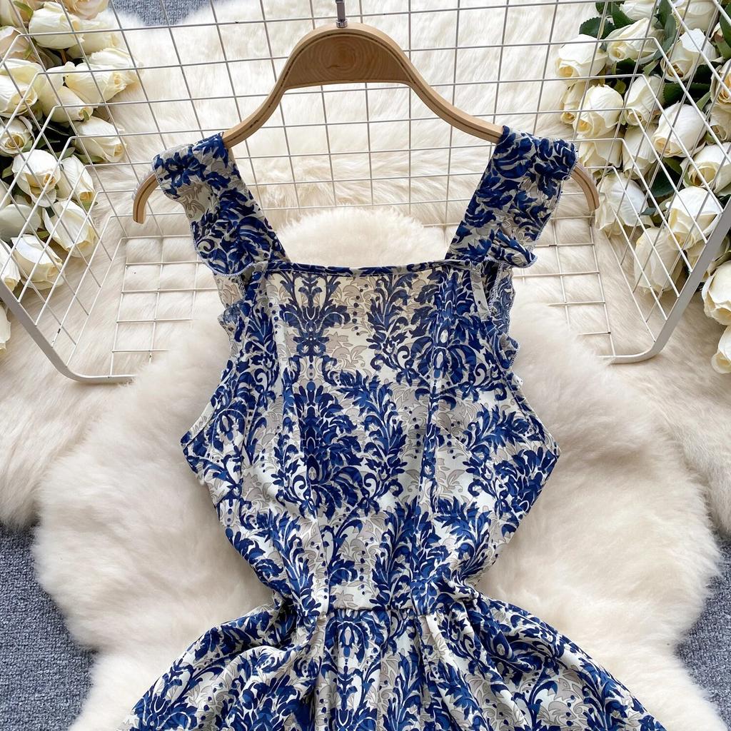 Korean Series Wear  Retro Print Vacation Skirts Sweet Flng Sleeves Sling Waist Hugging Slimming Short Dress