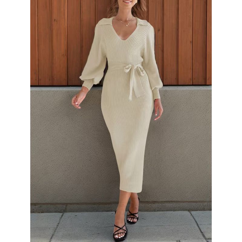 Western Style New Fashion Lace-up Slim fit Knitted dress Knitted Long Sleeved Dress