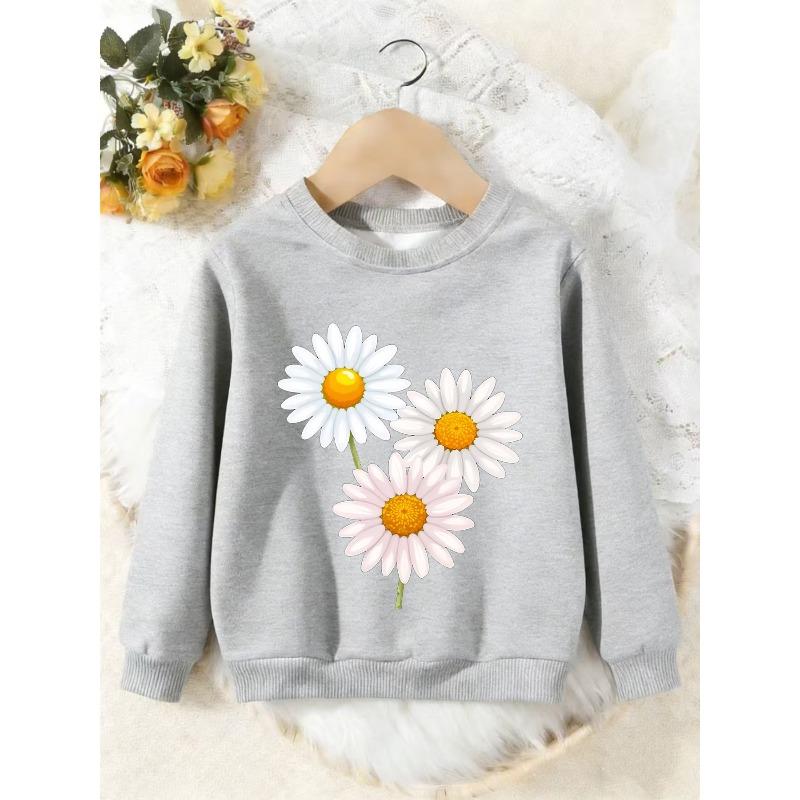 Unisex Kids Crewneck Sweatshirt, Cute White Daisy Floral Print Long Sleeve Pullover, Boys Girls Casual Sweatshirt For Kids Over 4 Years Old