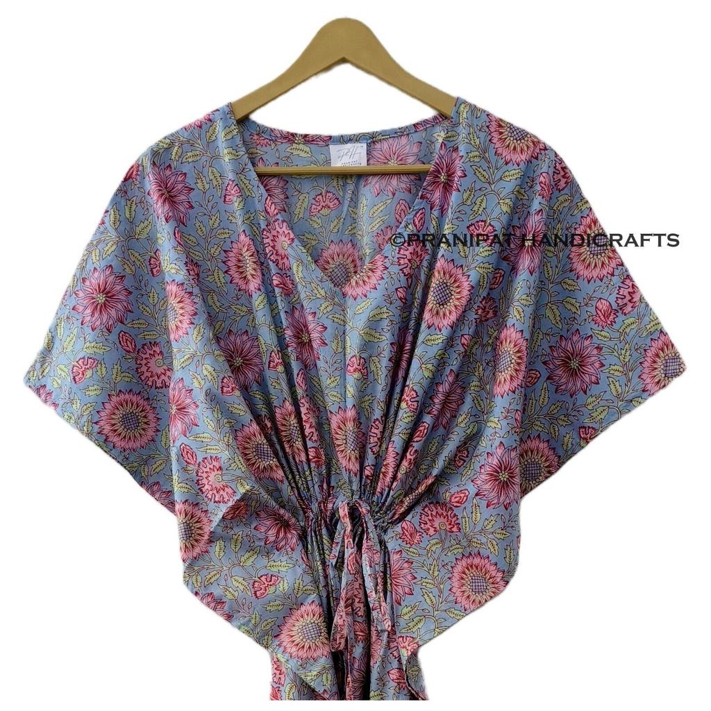 Rochie Caftan Maxi de Plajă pentru Femei din Bumbac Gri cu Imprimeu Floral Indian Hippie CKFTN-SCRN-FULL-BUYIT-158