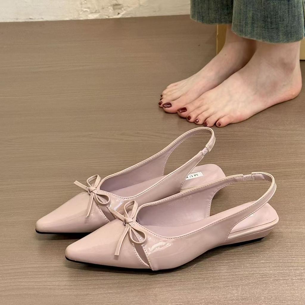 New summer French gentle evening breeze bow bag head sandals women's small slope heel pointed back empty shoes