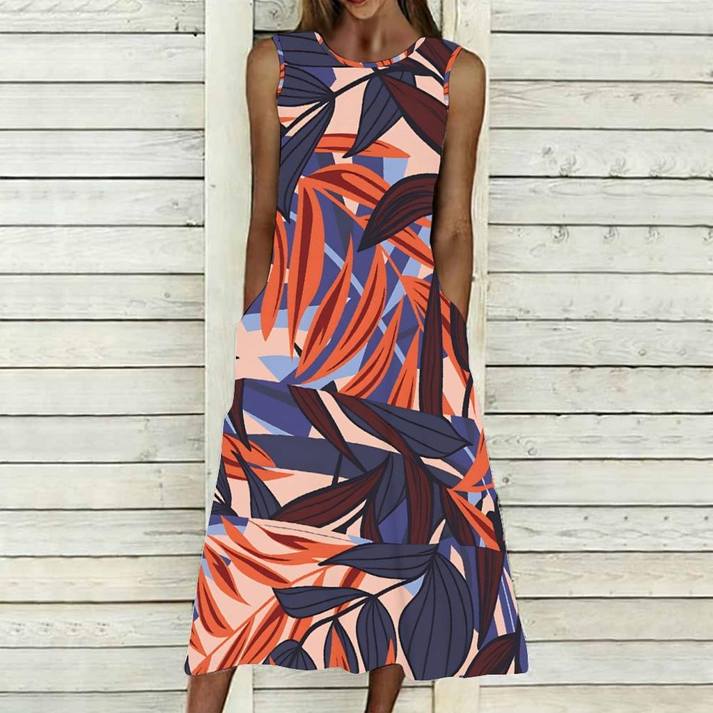 Oversized Women Sleeveless Round Neck Dress Elegant Mixed Floral Print Flowy Mid Length Dress