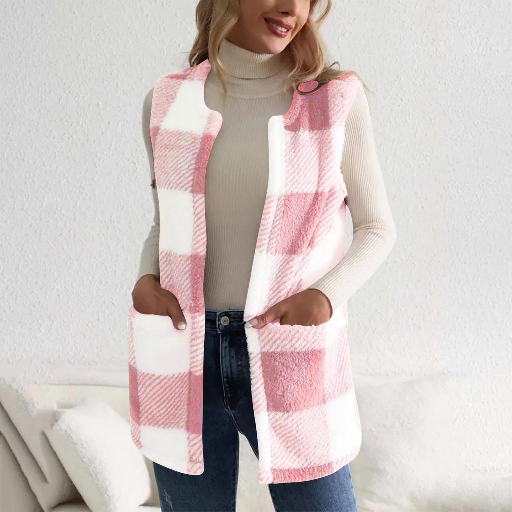 Plaid Fleece Vest For Women  Fall Winter Fuzzy Thermal Warm Sleeveless Jacket Trendy Outwear