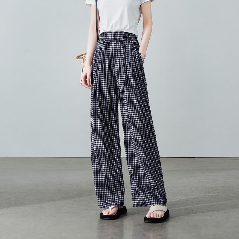 SOFSIL Women's High-Waist Plaid Wide-Leg Pants