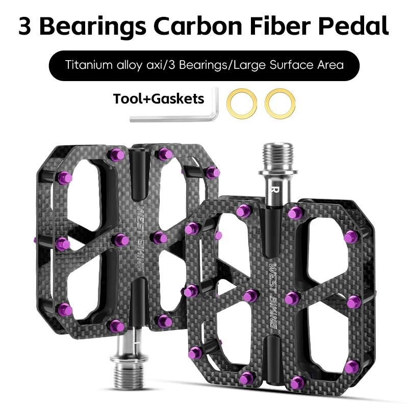 WEST BIKING Ultra-Light Carbon Fiber Pedals 3 Bearing Cycling Pedals Labor Saving Anti-Slip MTB Road Bicycle Pedal Accessories