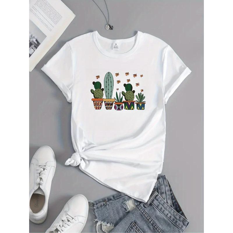 Ευρωπαϊκό Μέγεθος Μια Χαριτωμένη Μπλούζα με Σχέδιο Κάκτου για το Καλοκαίρι, ένα Casual Μπλουζάκι με Κοντό Μανίκι για Άνοιξη και Καλοκαίρι Αθλητισμό, Γυναικεία Ρούχα