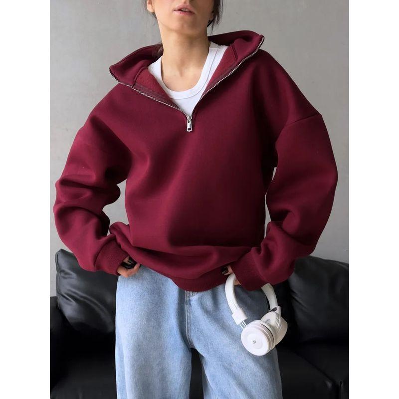 Western Style Fashion Casual Loose Stand Collar Half Zipper Pullover Hoodie Solid Loose Top Half Zip Top