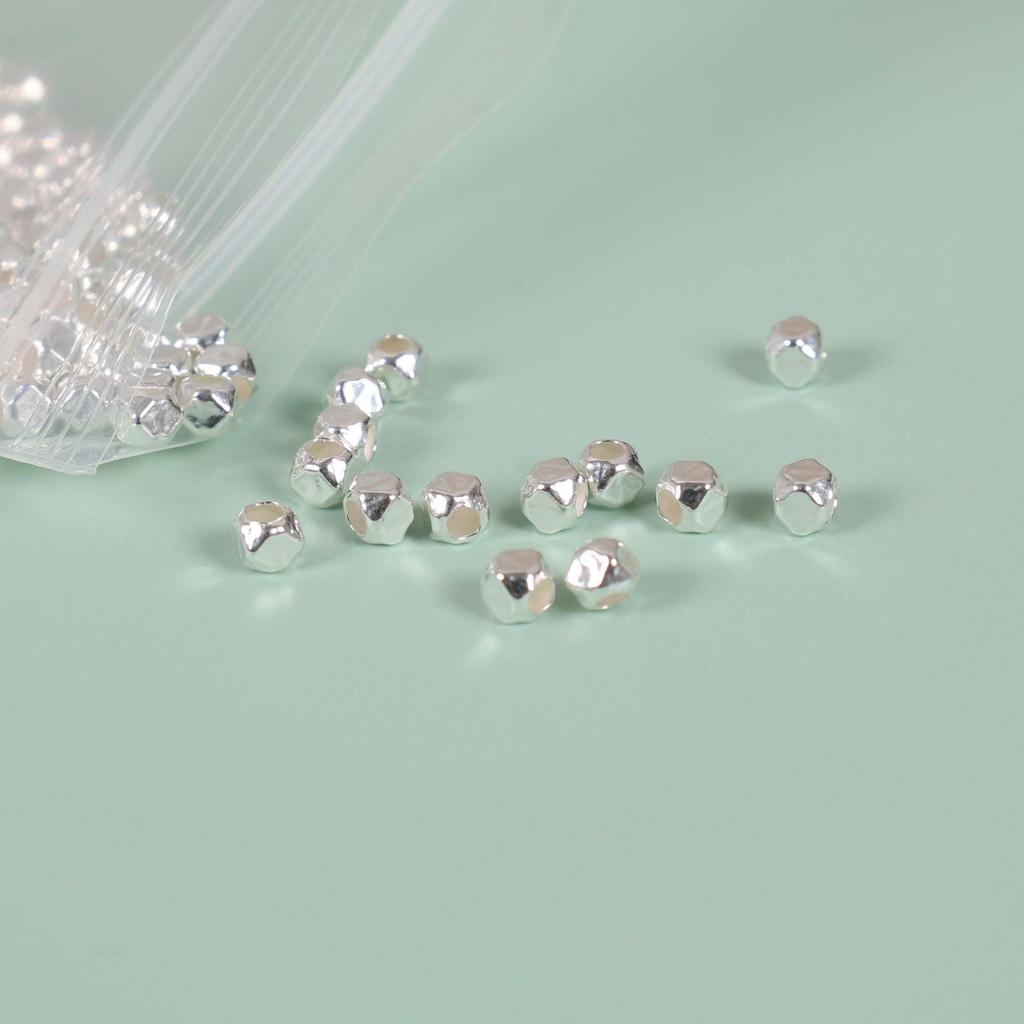 S925 Sterling Silver Hexagonal Faceted Spacer Beads – 3mm Diamond-Cut Silver Beads for DIY Jewelry.
