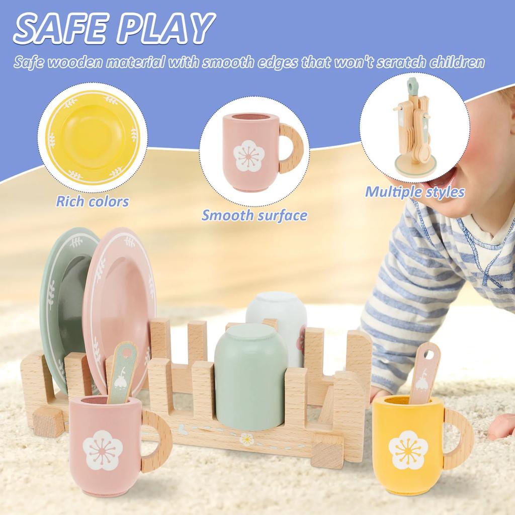 Kid Wooden Dinnerware Toy Set Safe Wood Kids Kitchen Playset Funny Toddler Kitchen Toy Children Kitchen Cutlery and Plate Toy