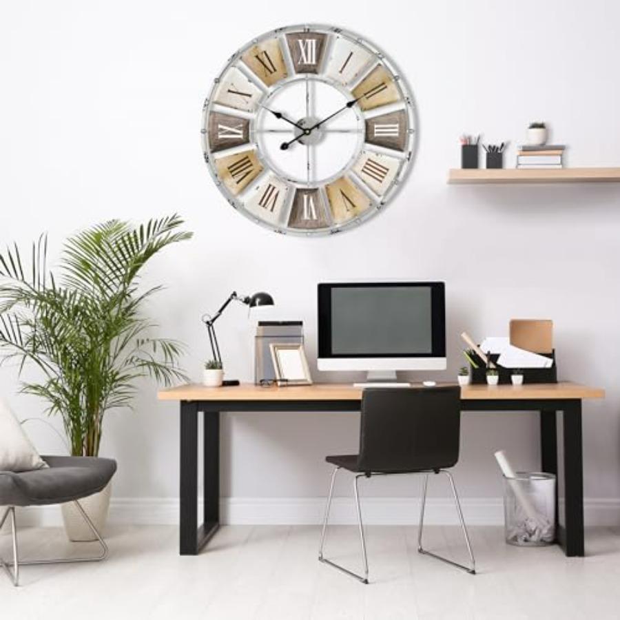 Decorative Large 24-Inch Wall Clock for Living Room Vintage Industrial Modern Rustic Farmhouse Style Oversized Roman Numeral Cl