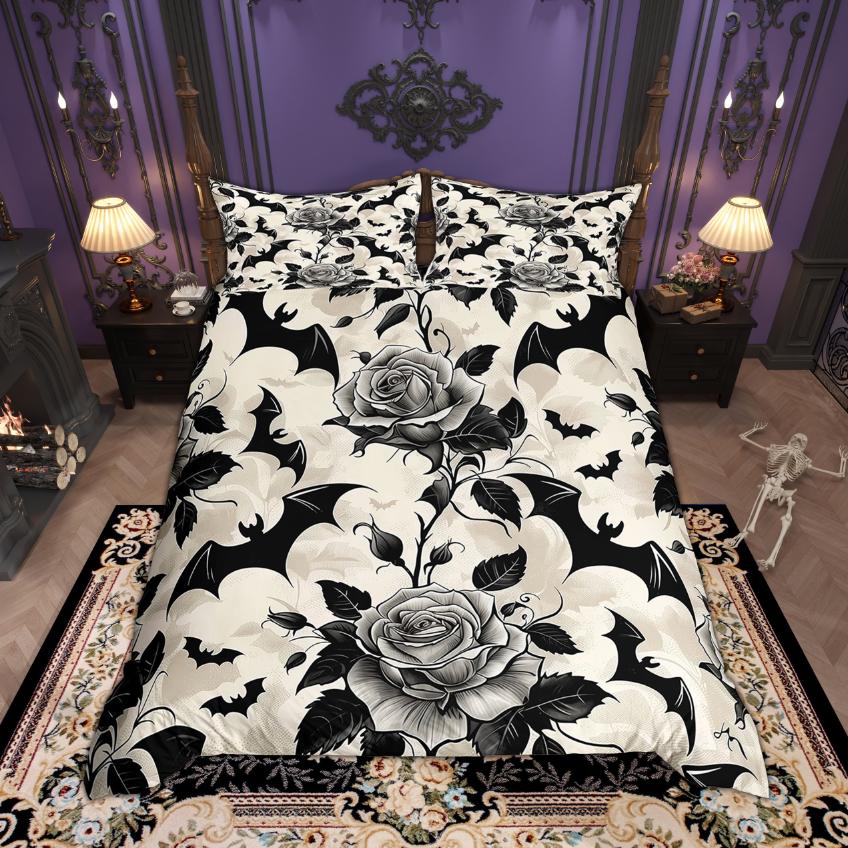 

Homewish Halloween Crow Duvet Cover Set Black Bats Bedding Set Kids Happy Halloween Bed Set Room Decor EU Single(135*200cm)3pcs