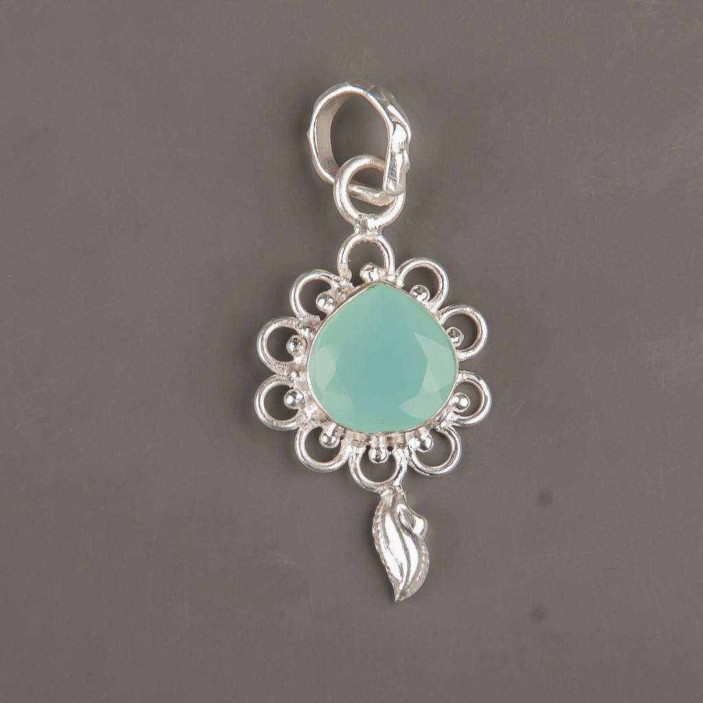 Piedra Preciosa Calcedonia Aguamarina Joyería de Plata de Ley 925 Colgante Hecho a Mano 1.80" Regalo PP-4-15