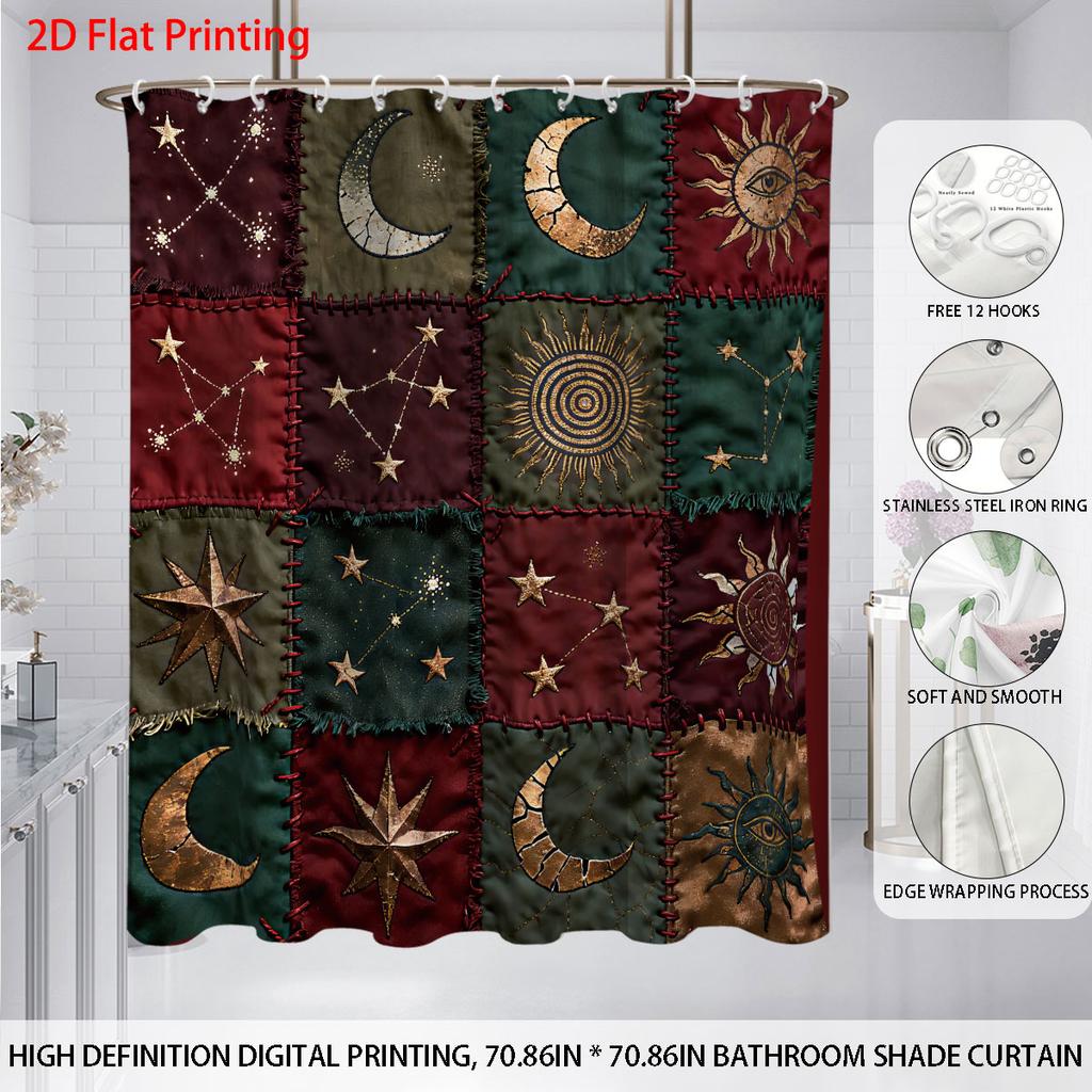 1Pc Fabric Sun Moon Splicing Print Waterproof Shower Partition Privacy Hanging Curtain 12 Hook Multiple Size Easy Installation