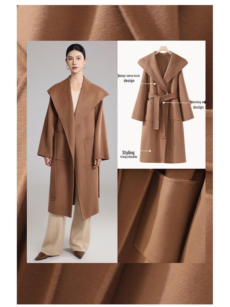 High-End Extra Long Double-Faced Wool Coat: Hooded, Tie-Waist, Light Luxury Casual Silhouette with Cashmere
