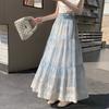 Blue Floral Tiered Skirt Embroidered High Waist A-Line Maxi French Ethereal Style QT2864