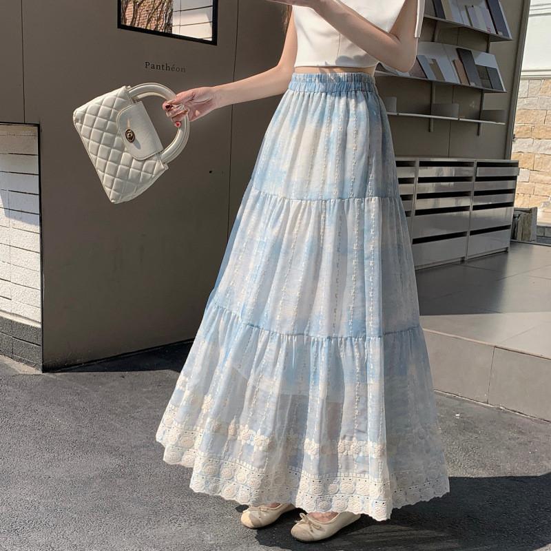 Blue Floral Tiered Skirt Embroidered High Waist A-Line Maxi French Ethereal Style QT2864