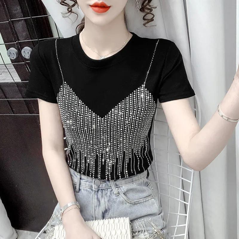 

Diamond Short Sleeve T Shirt Female Slim Fit Fake Two Shiny Round Neck Top Summer Casual Aesthetic Y2k Tee Korean Kawaii Clothes 4XL чорний