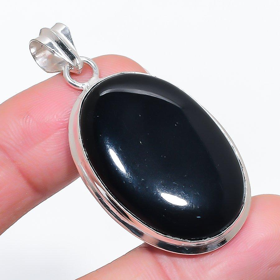 Natural Black Onyx Gemstone 925 Sterling Silver Jewelry Pendant 1.97" U4g09