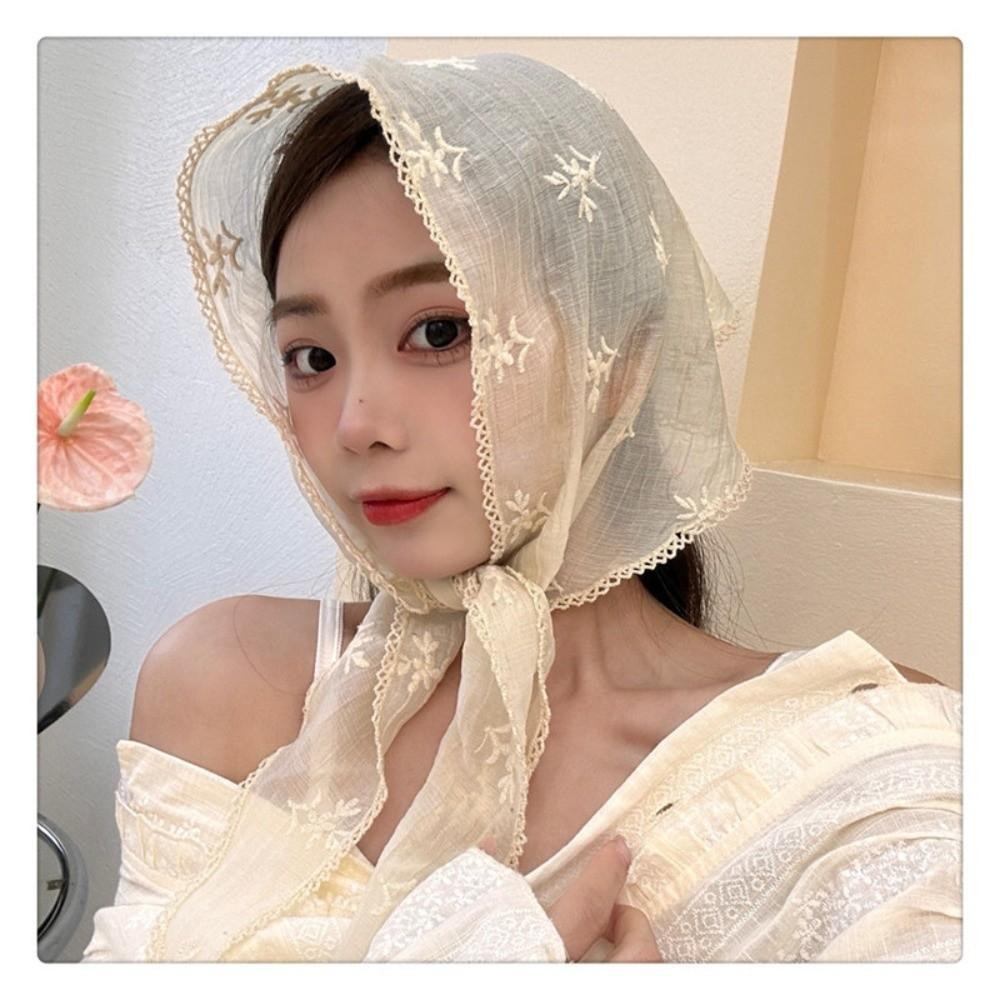 

Embroidered Flower Silk Scarves Headwear Triangle Headscarf Retro Floral Hair Wrap Summer бежевый