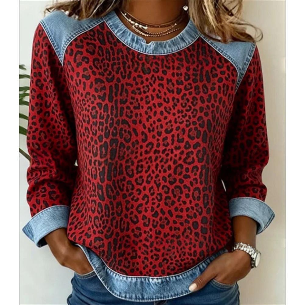 Damen karierter Patchwork-Kapuzenpullover aus Kunstdenim, Rundhals lockeres lässiges Sweatshirt, Mode bequemes Streetwear-Oberteil