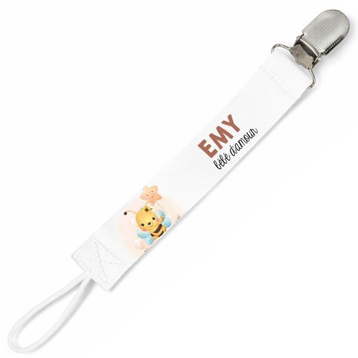 Planetee Attache tétine pour prénom EMY bébé d'amour Abeille | Attache sucette cadeau naissance