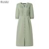 ZANZEA Women Casual V-Neck Solid Color Six Quarter Sleeve Loose Midi Dress