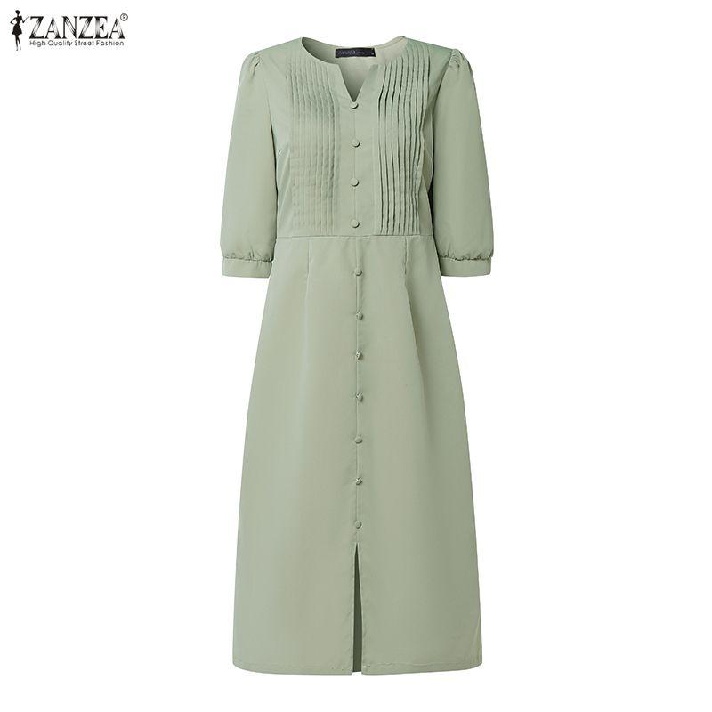 ZANZEA Women Casual V-Neck Solid Color Six Quarter Sleeve Loose Midi Dress