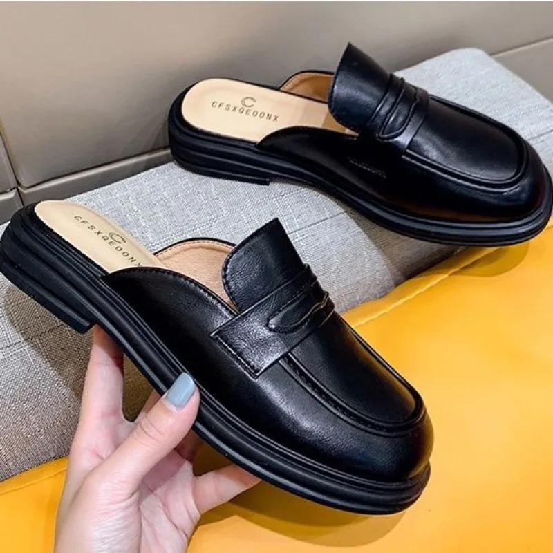 Fashion Leather Women's Slippers And Ladies Sandals Round Toe Mules Shoes Black Slides On Promotion Youthful Emo Sale Easy Wears Eva 39