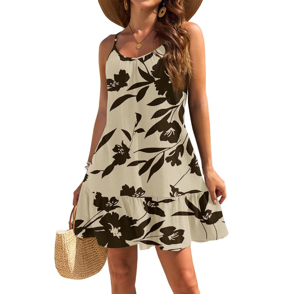 Women's Dresses Sleeveless Loose Casual Floral Print Hem Pleated Beach Dresses