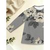 Women's Crew Neck Long Sleeve Top Grey Bottom Retro Large Floral Print with Pockets Loose Medium and Long Top