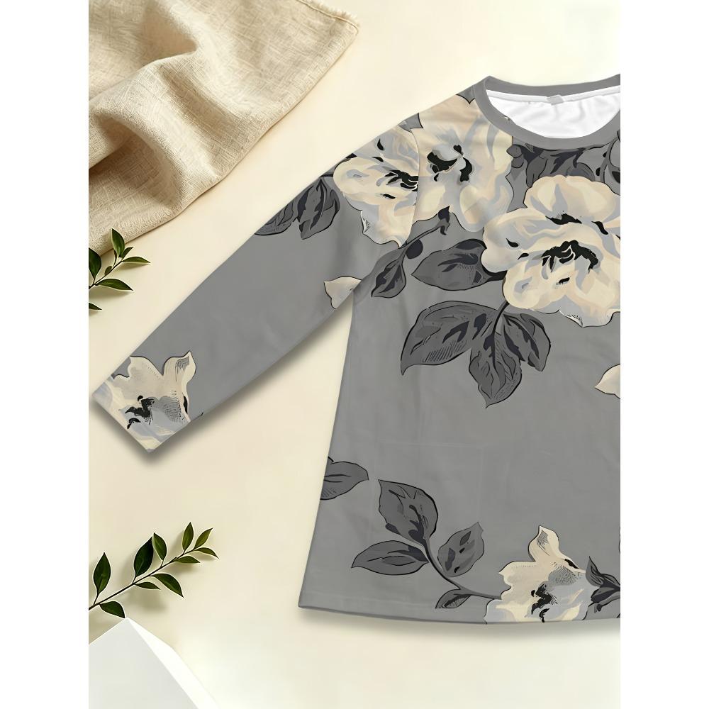 Women's Crew Neck Long Sleeve Top Grey Bottom Retro Large Floral Print with Pockets Loose Medium and Long Top