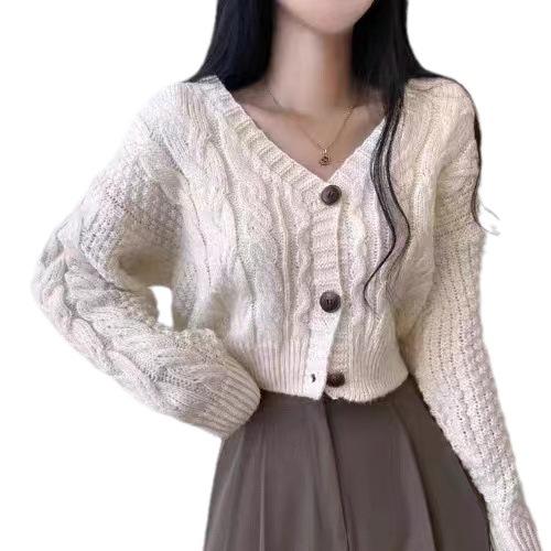 Short twist knitted sweater women's coat autumn new design sense knitted solid color long-sleeved cardigan women