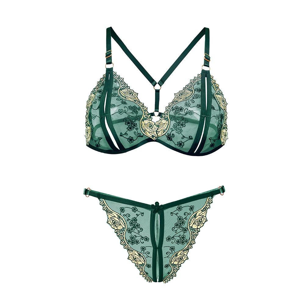 Women Floral Embroidory Underwear Set Sexy Lace Erotic Lingerie Female Bra And Brief Transparent Sensual Push Up Panty Patchwork