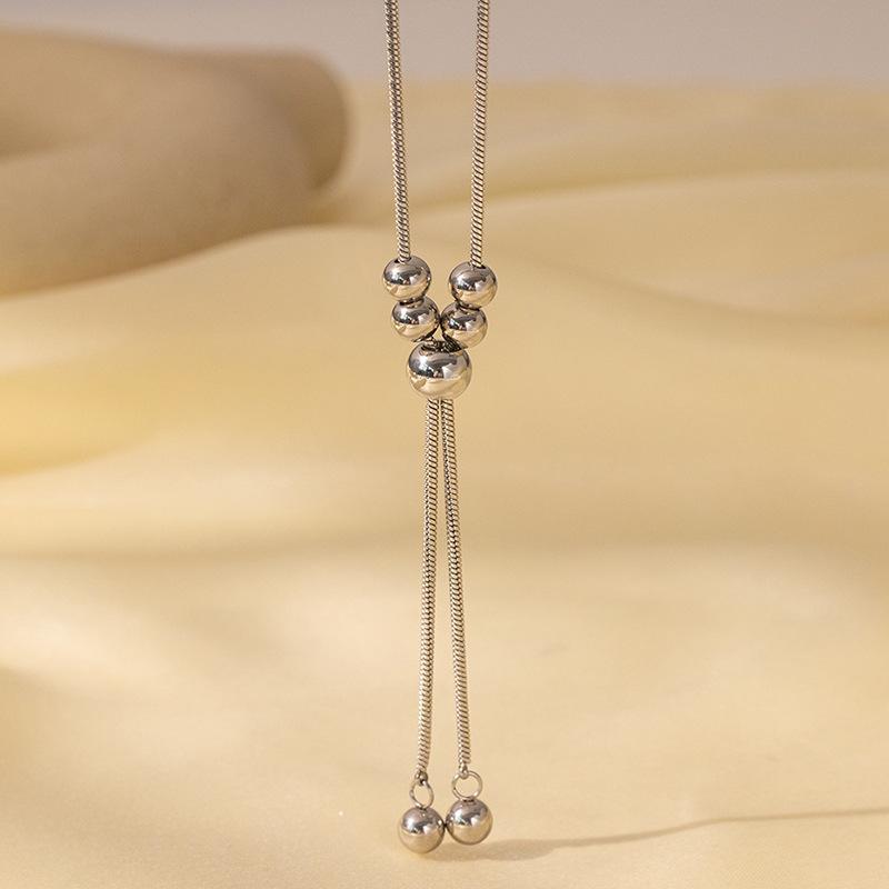 Stainless Steel Knot Lucky Beads Imitation Pearl Necklace for Women Men Simple Ball Pendant Long Chain Temperament Jewelry Gifts