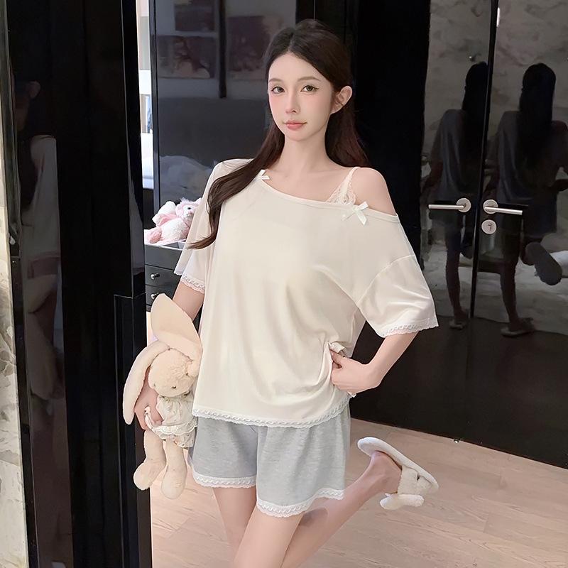 Oh Mi Da Modal Cotton Solid Color High-end Pajamas Women's Summer Short-sleeved Shorts Pure Lace Loungewear Set