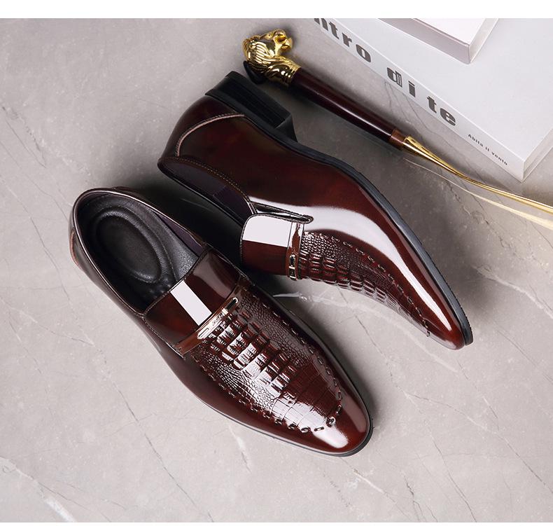 Men's Plus Size Crocodile Pattern Patent Leather Business Slip-On Shoes, Pointed Toe, Shiny Finish
