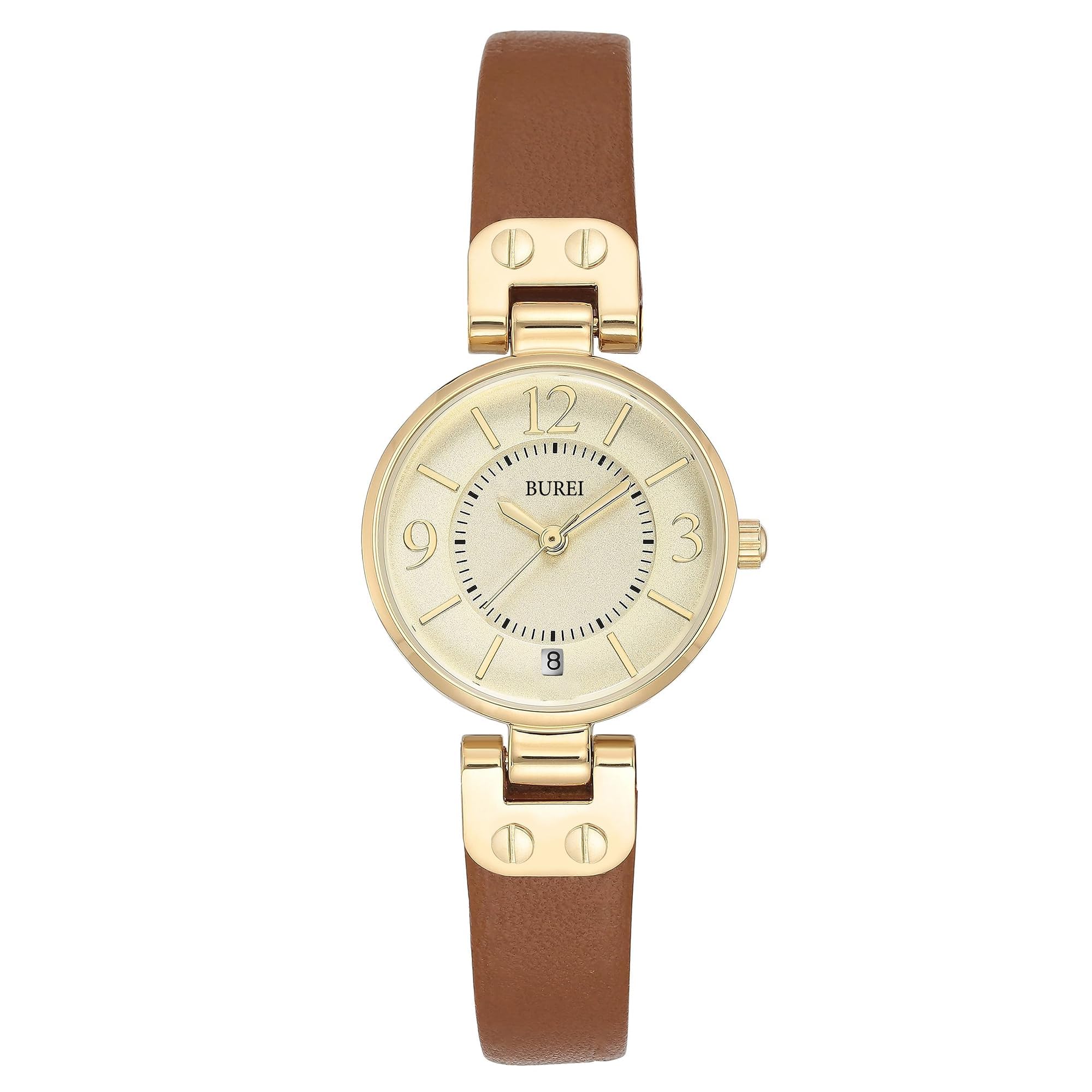 

BUREI Аналоговые кварцевые часы с японским золотом Легкие и тонкие Коричневая кожа Идеально для или Повседневные Идеально в качестве подарка Женские Батарейка, Водонепроницаемые, золотой