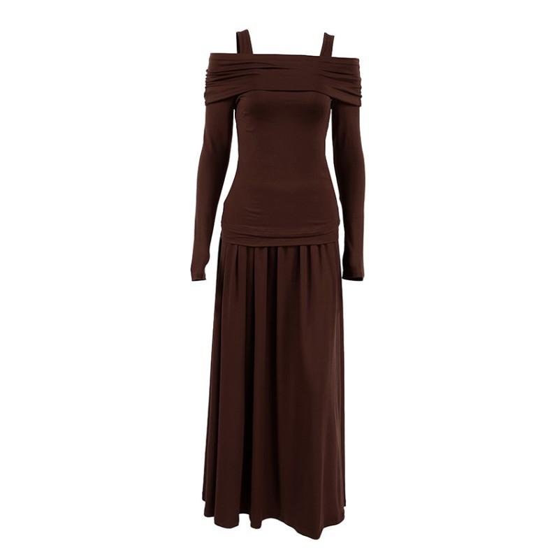 Womens 2-Piece Set Long Sleeve Sweet Top Pleated Midi Skirt Elegant Commute Outfit